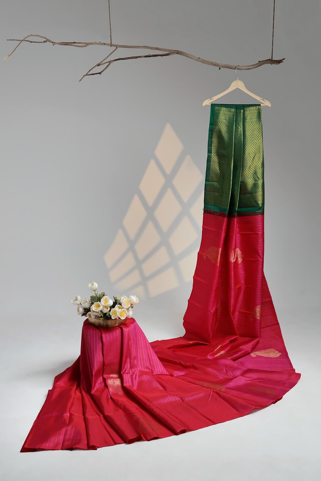 Arani Pure Silk Handloom Saree in Rani Pink and Green Pallu view 2 - Rani Pink with Green Pallu Arani saree