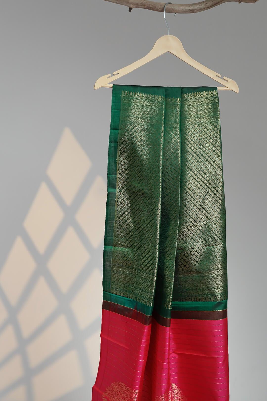 Arani Pure Silk Handloom Saree in Rani Pink and Green Pallu view 5 - Rani Pink with Green Pallu Arani saree