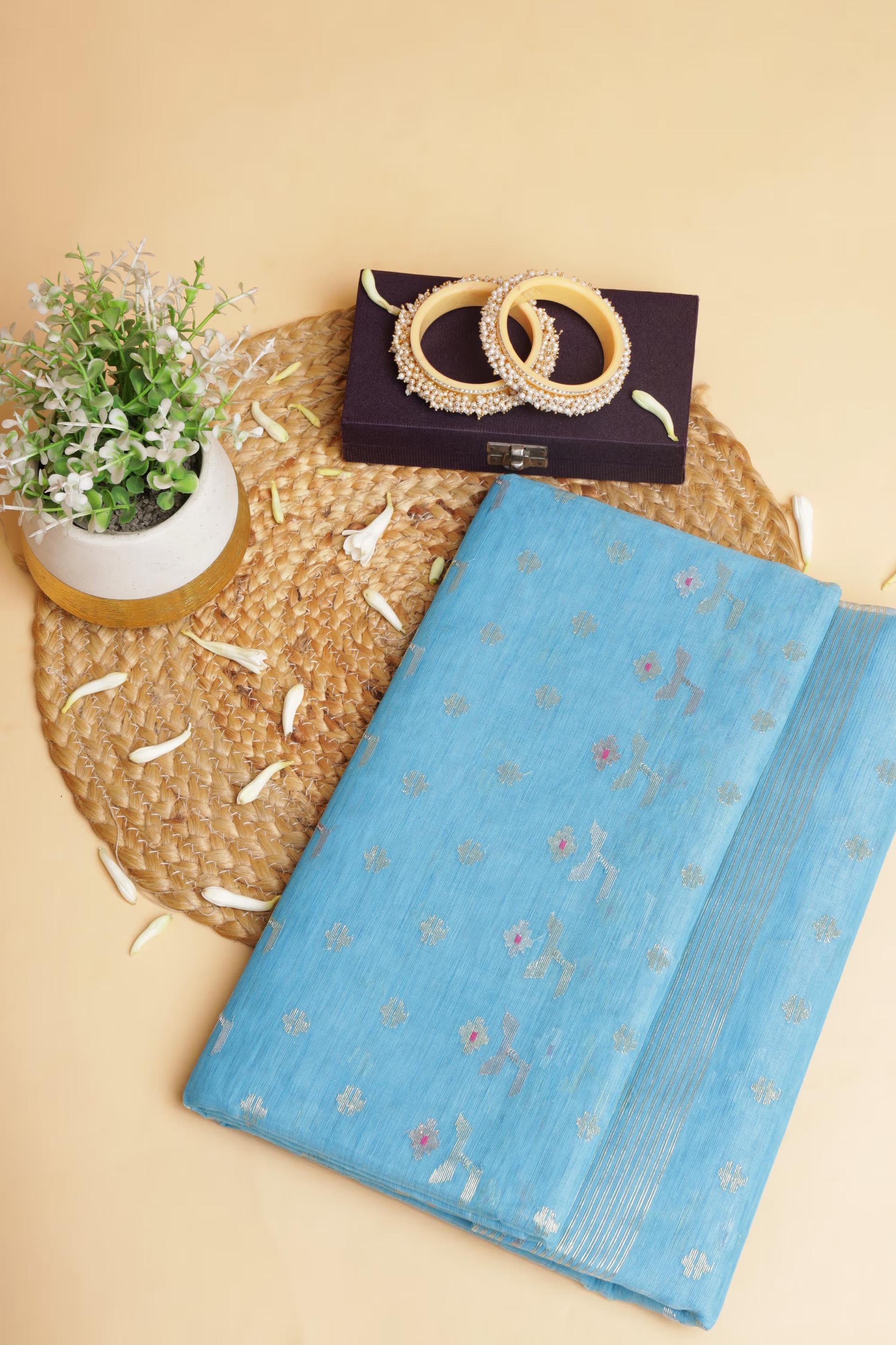 Handloom Dhakai Jamdani saree in sky blue  3 - Sky Blue Jamdani silk saree