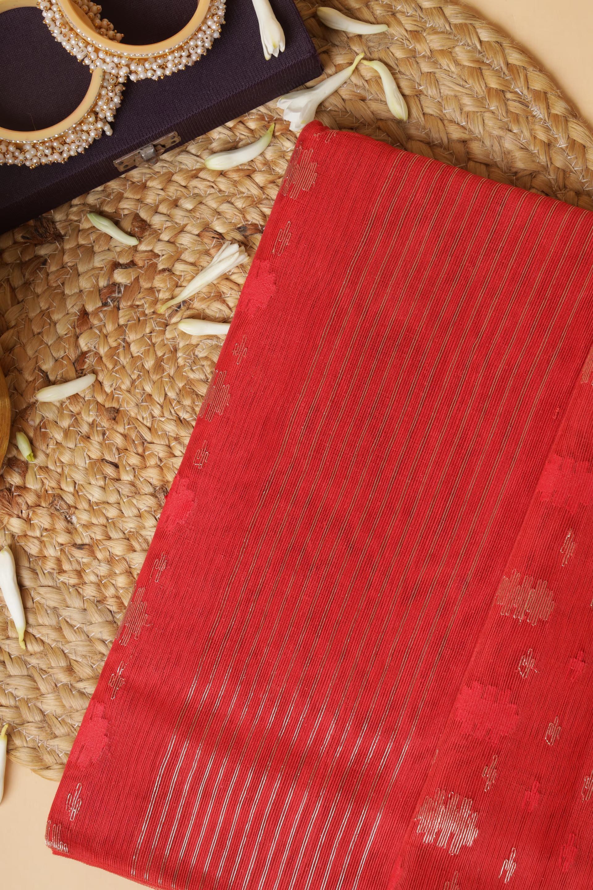 Handloom Dhakai Jamdani saree in Red - Blouse piece not included 1 - Red Pure Jamdani Cotton saree