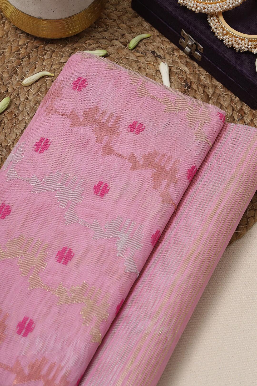 Handloom Dhakai Jamdani saree in Pink view 3 - Pink Jamdani silk saree
