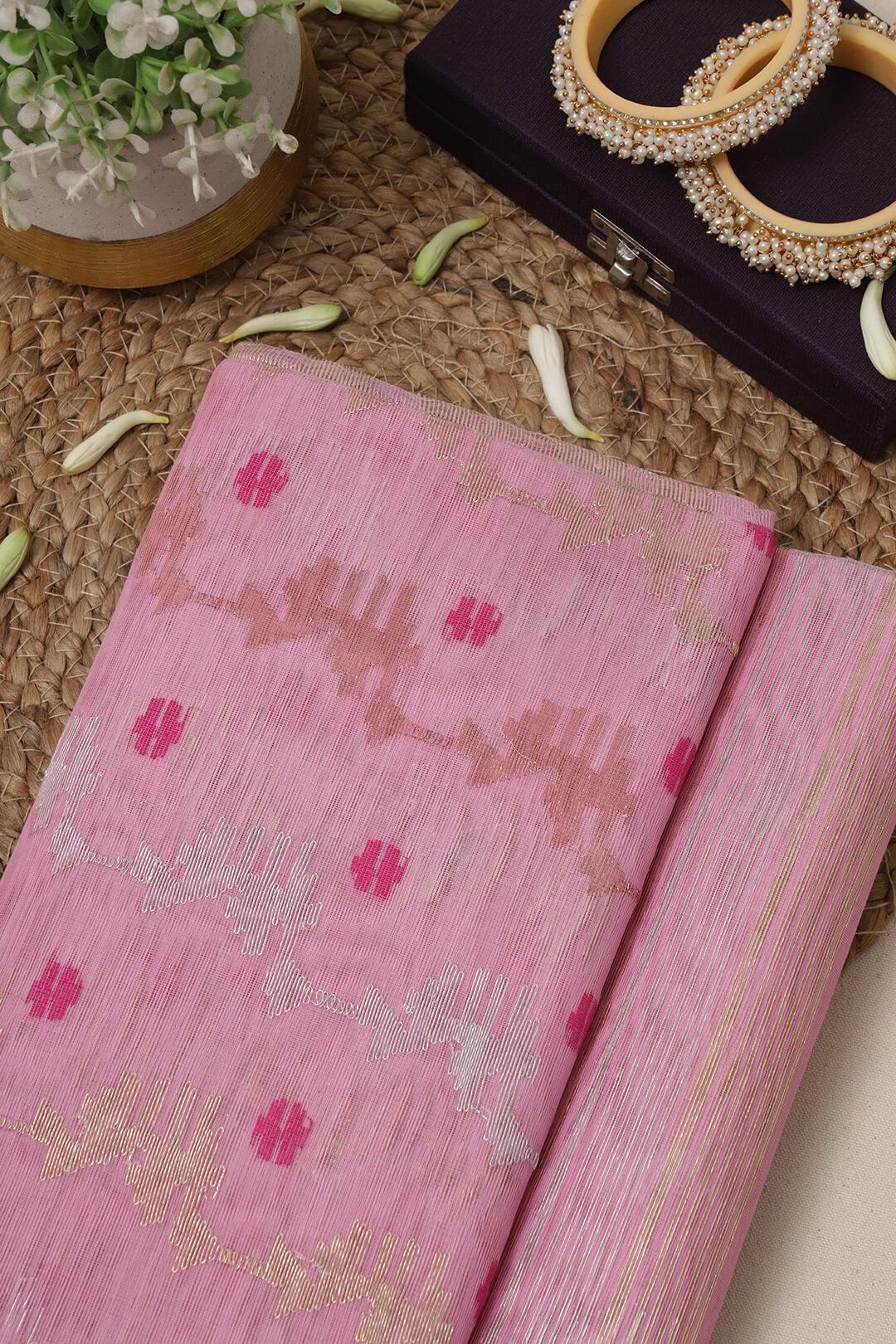 Handloom Dhakai Jamdani saree in Pink 2 - Pink Jamdani silk saree