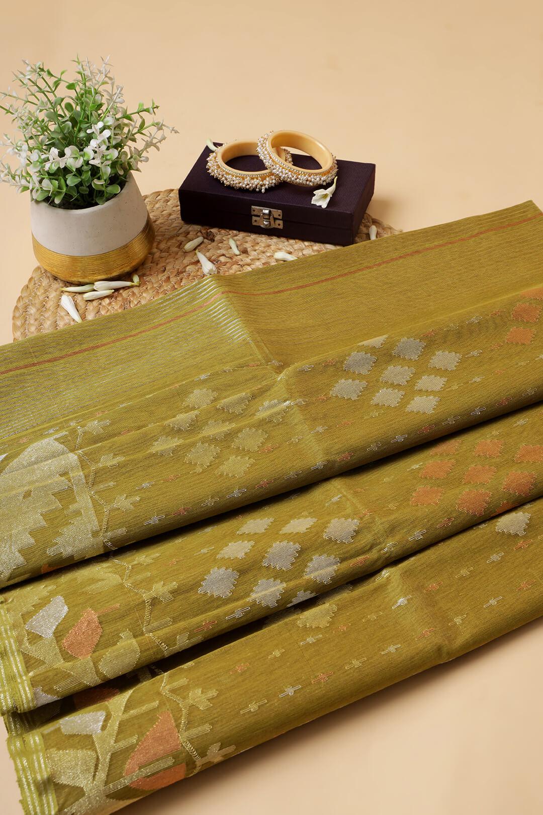 Handloom Dhakai Jamdani saree in Olive Green 2 - Olive Green Jamdani silk saree