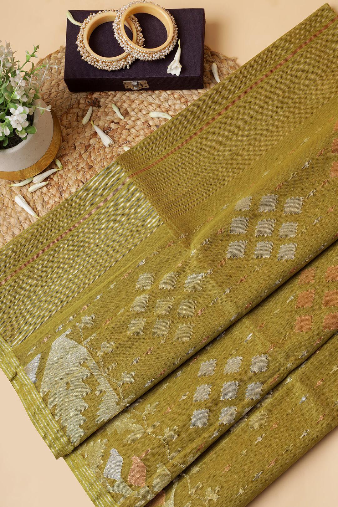 Handloom Dhakai Jamdani saree in Olive Green 6 - Olive Green Jamdani silk saree