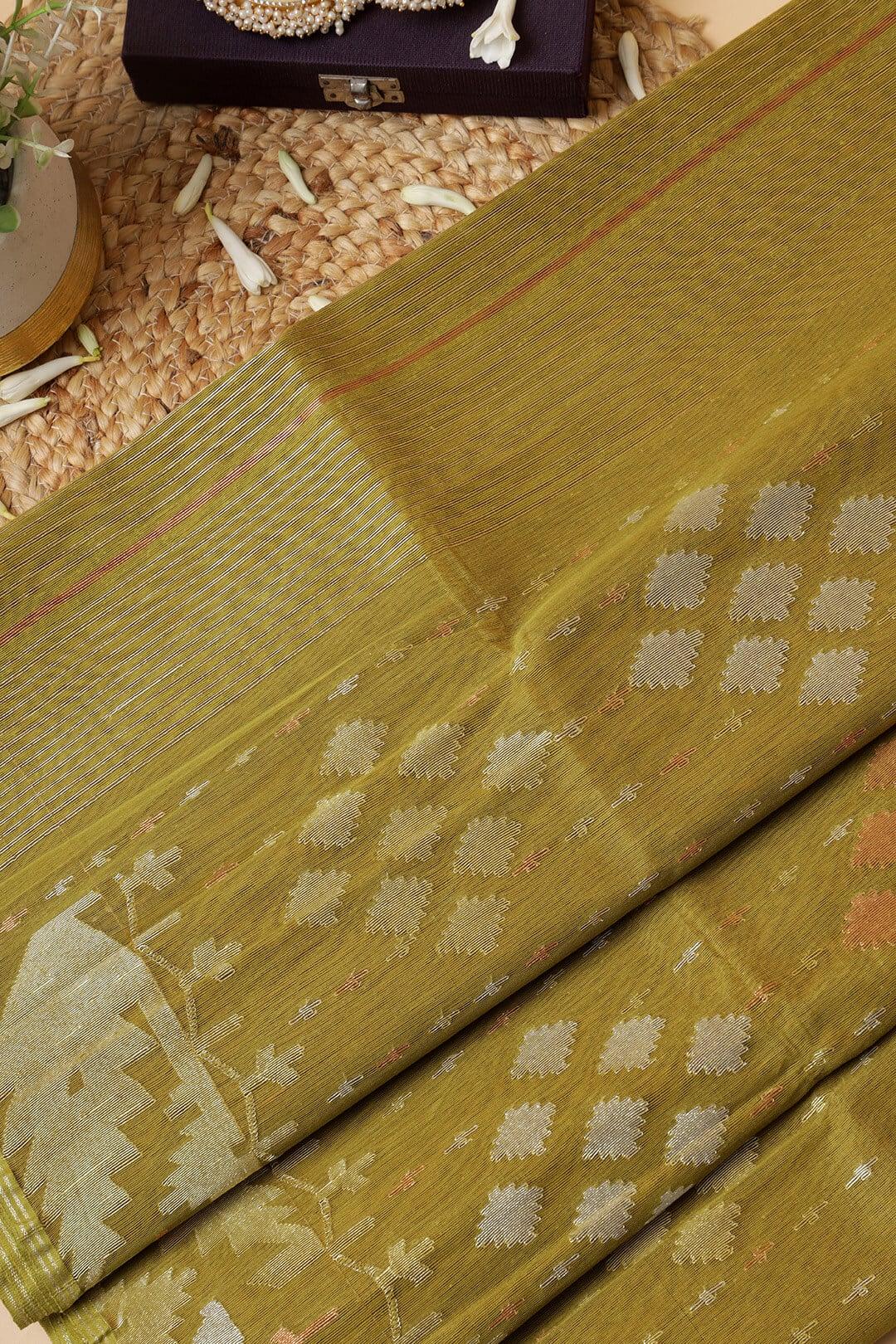 Handloom Dhakai Jamdani saree in Olive Green view 5 - Olive Green Jamdani silk saree