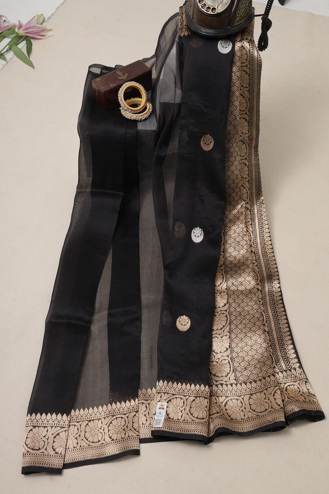 Handloom Kora banarasi saree in Black view 4 - Black Kora saree