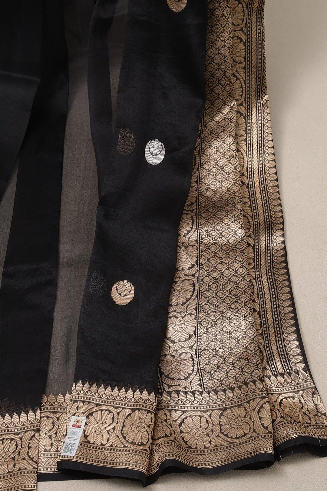 Handloom Kora banarasi saree in Black view 5 - Black Kora saree