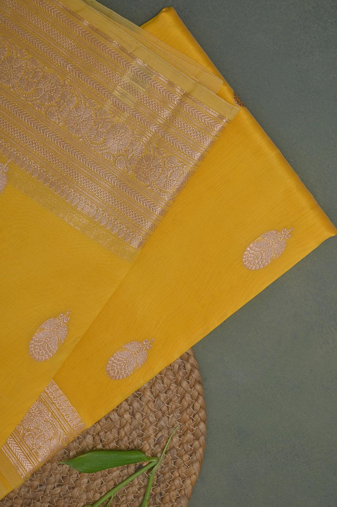 Handloom Kora Banarasi in Yellow 3 - Yellow Kora  saree