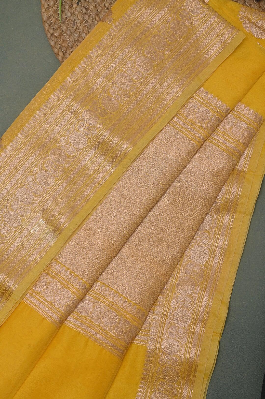 Handloom Kora Banarasi in Yellow view 5 - Yellow Kora  saree