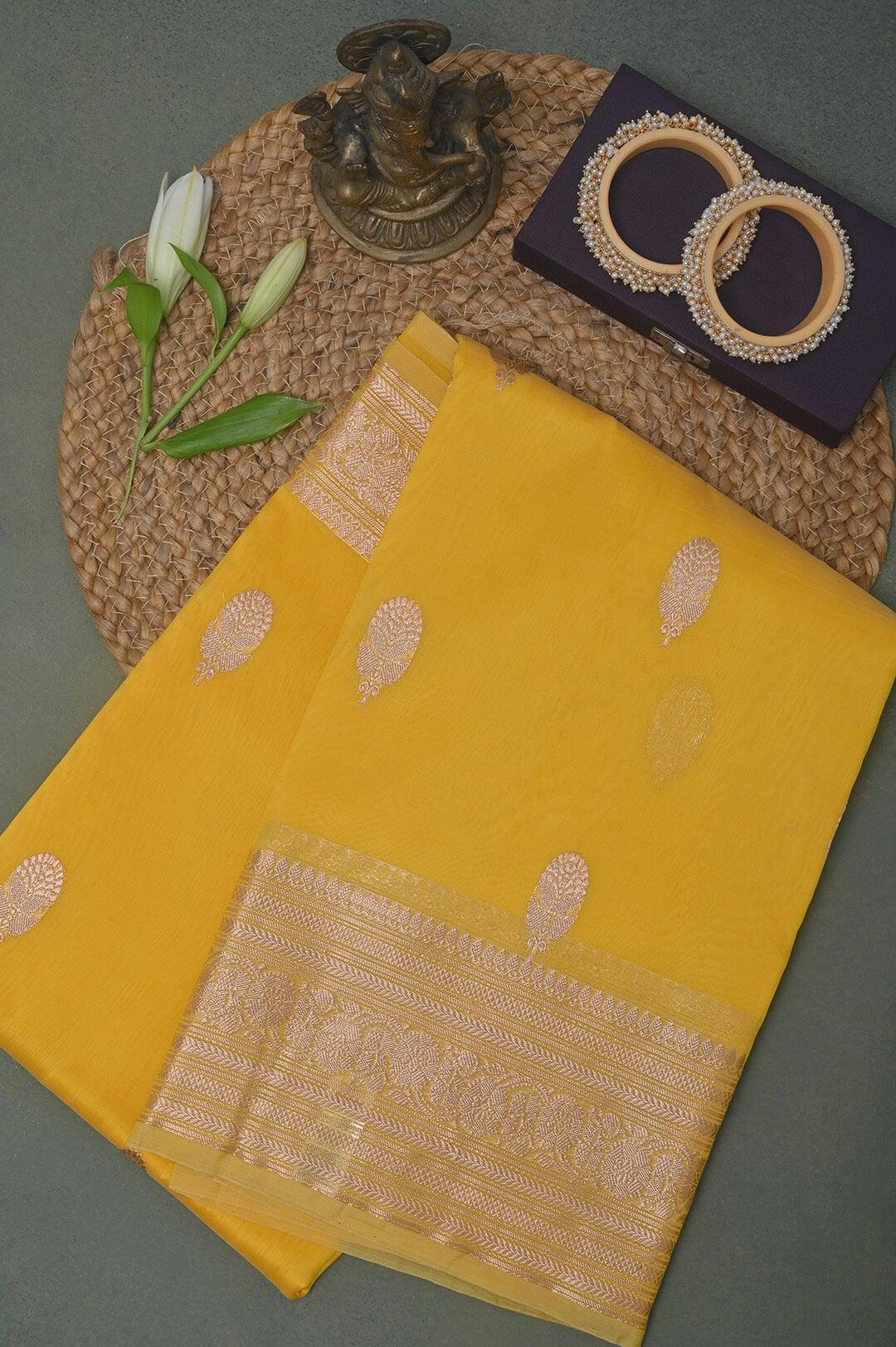Handloom Kora Banarasi in Yellow 2 - Yellow Kora  saree