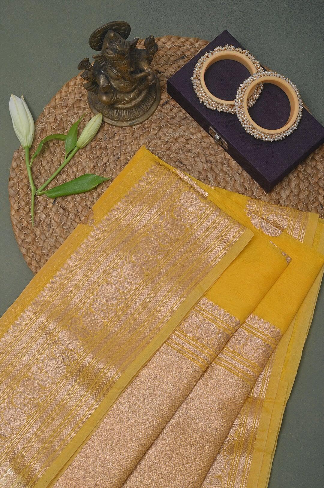 Handloom Kora Banarasi in Yellow view 4 - Yellow Kora  saree