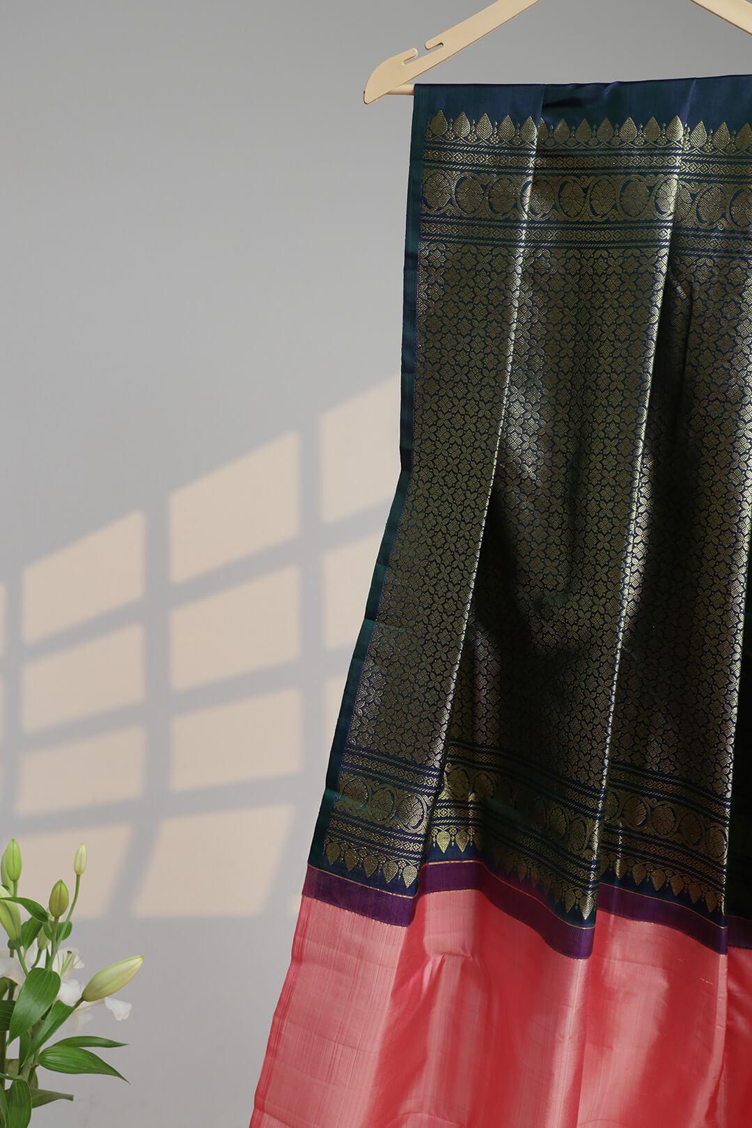 Arani Pure Silk Handloom Saree in Pink and Blue Green Dualtone Pallu 3 - Pink and Navy Blue Arani saree