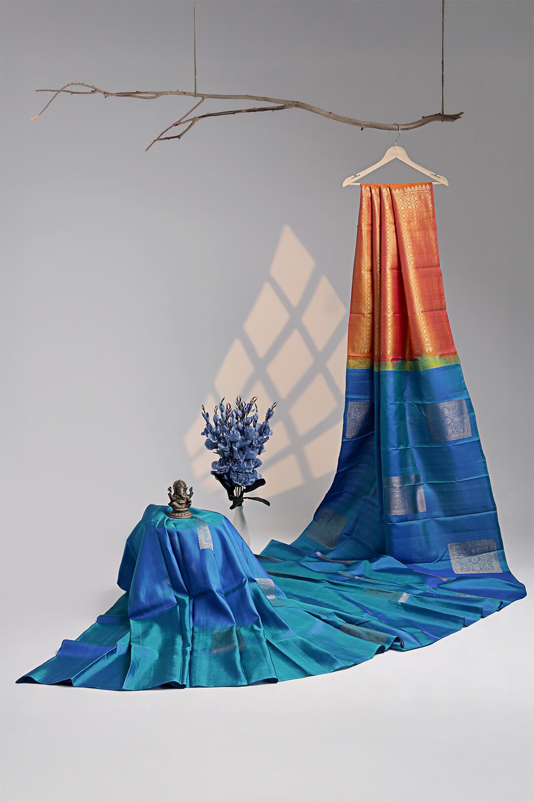 Arani Pure Silk Handloom Saree in Peacock Blue and Orange Pallu view 2 - Blue with Orange Pallu Arani saree