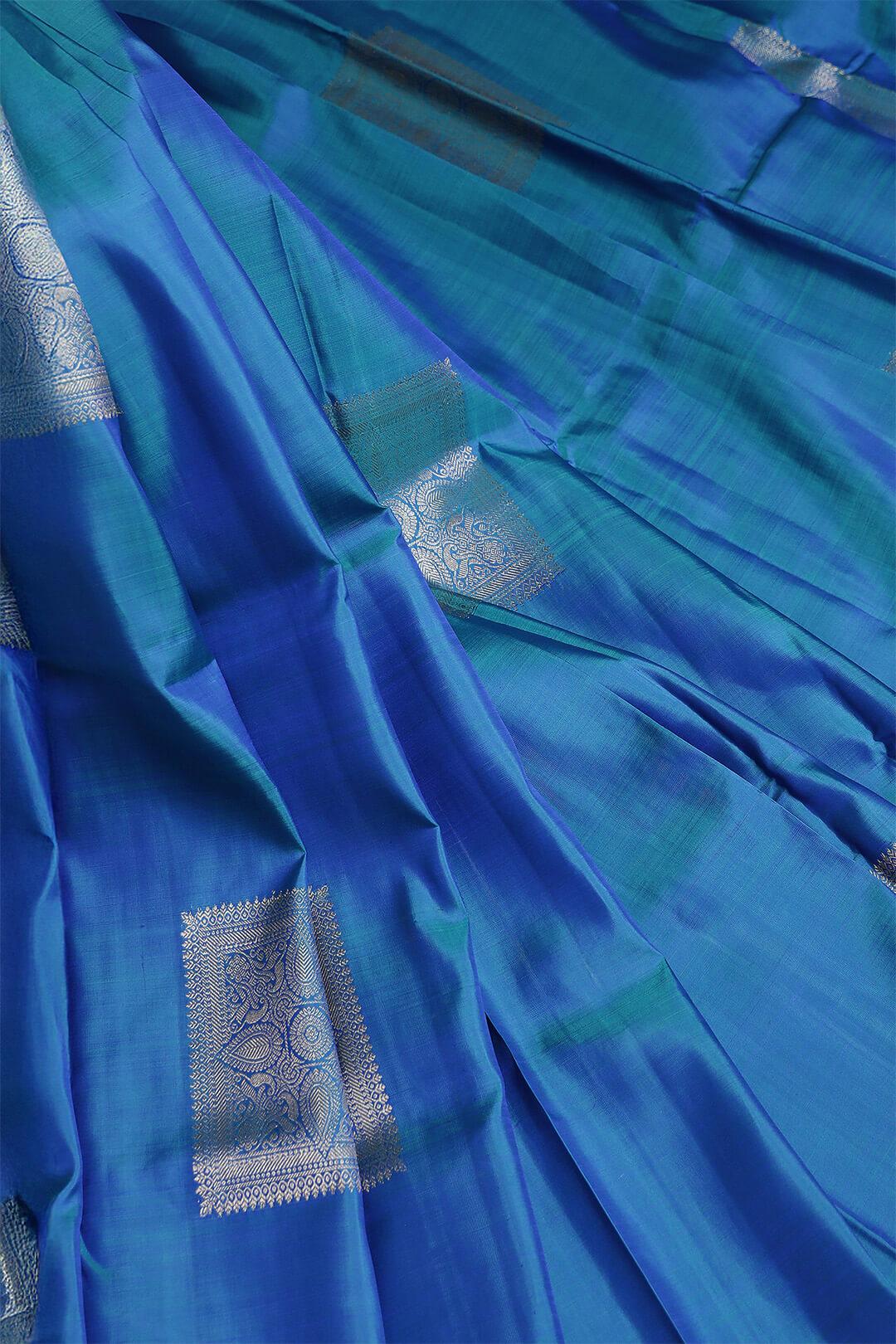 Arani Pure Silk Handloom Saree in Peacock Blue and Orange Pallu 5 - Blue with Orange Pallu Arani saree