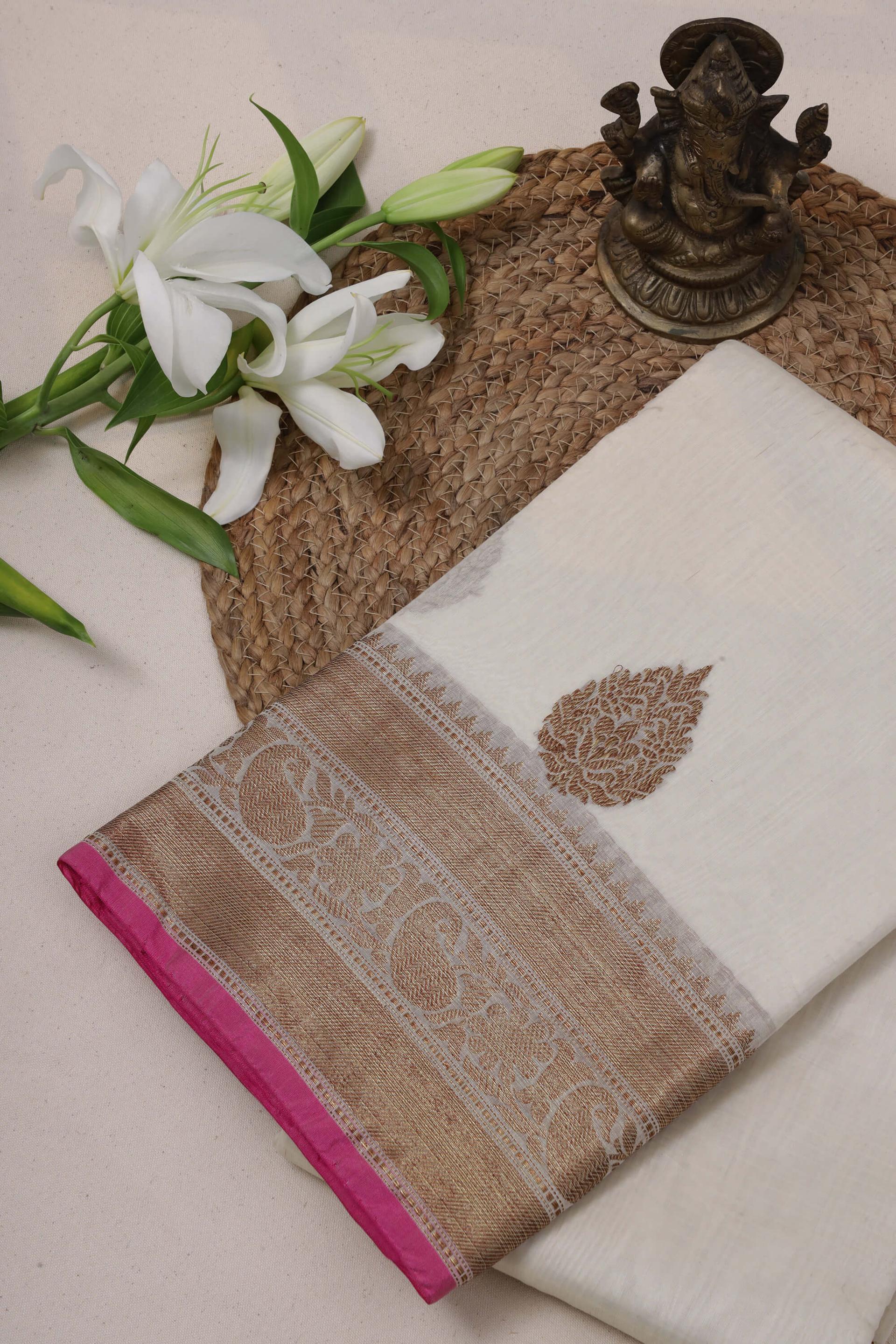 Kota Doria Saree in Ivory and pink 1 - Ivory and Gold Kota Doria saree