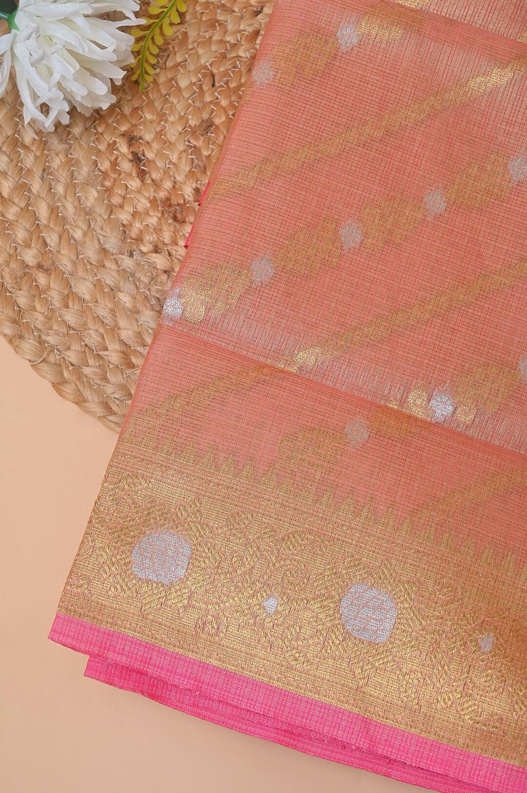 Semi Chanderi saree in Peach and Gold zari view 4 - Peach and Gold zari Semi Chanderi saree