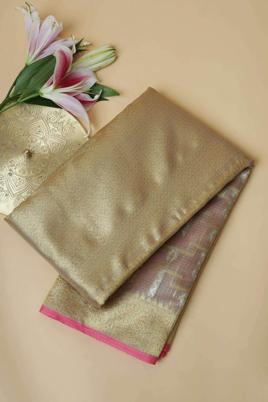 Semi Chanderi in light grey and pink gold zari view 2 - light grey and pink gold zari Semi Chanderi saree