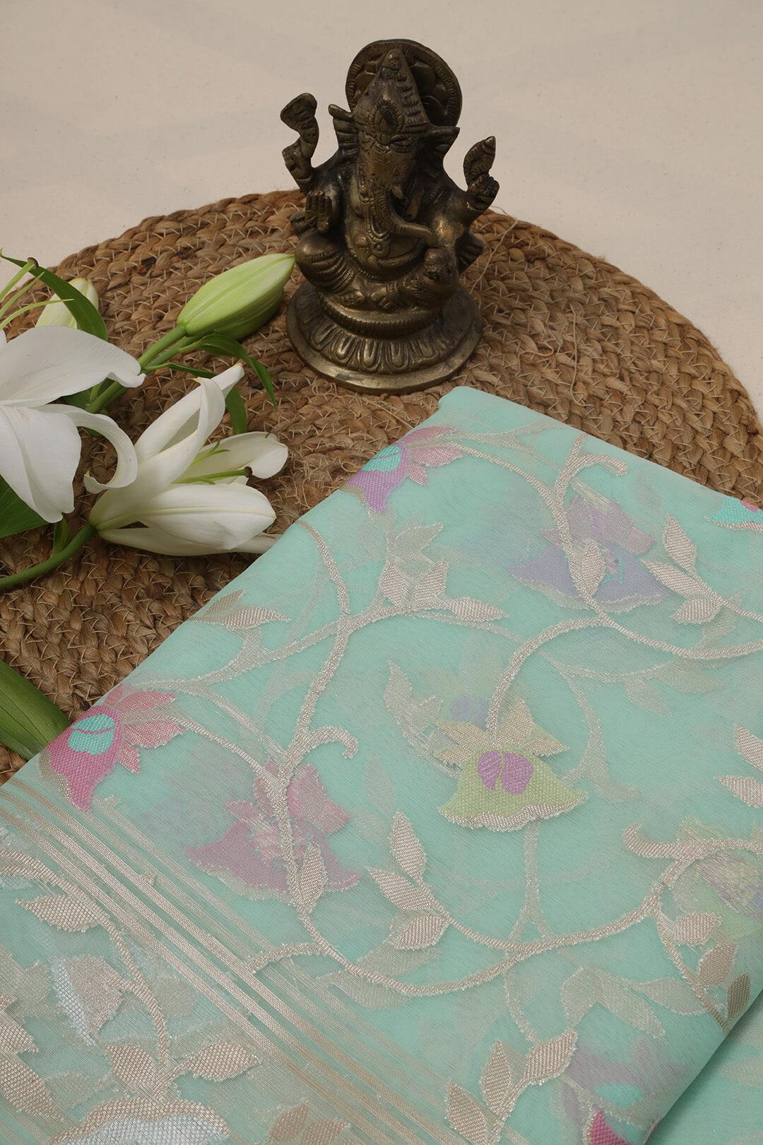 Semi Organza in Sky Blue 5 - Sky Blue Semi Organza saree