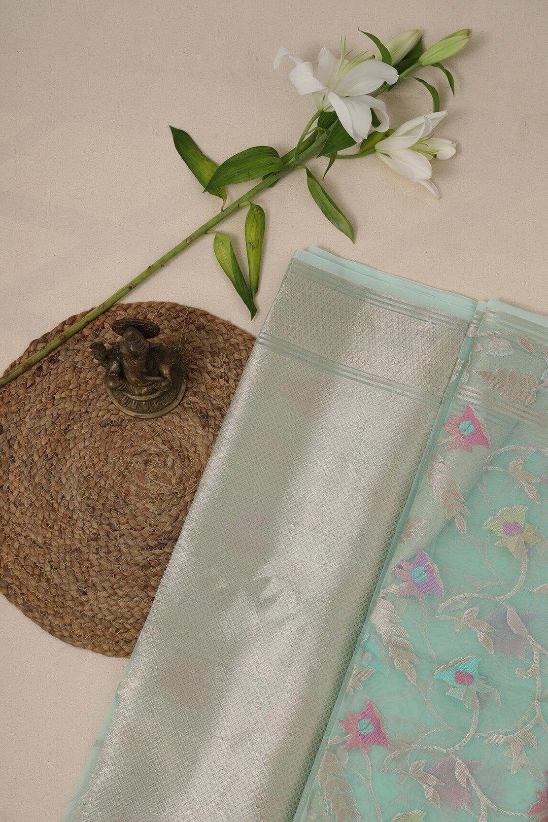 Semi Organza in Sky Blue 6 - Sky Blue Semi Organza saree