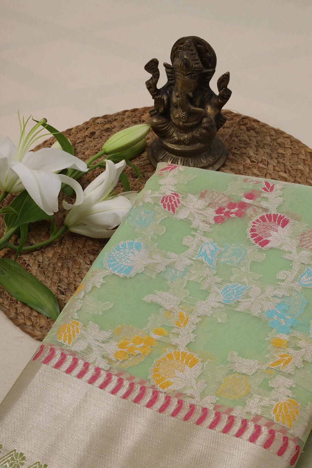 Semi Organza in Sea green view 4 - Sea Green Semi Organza saree