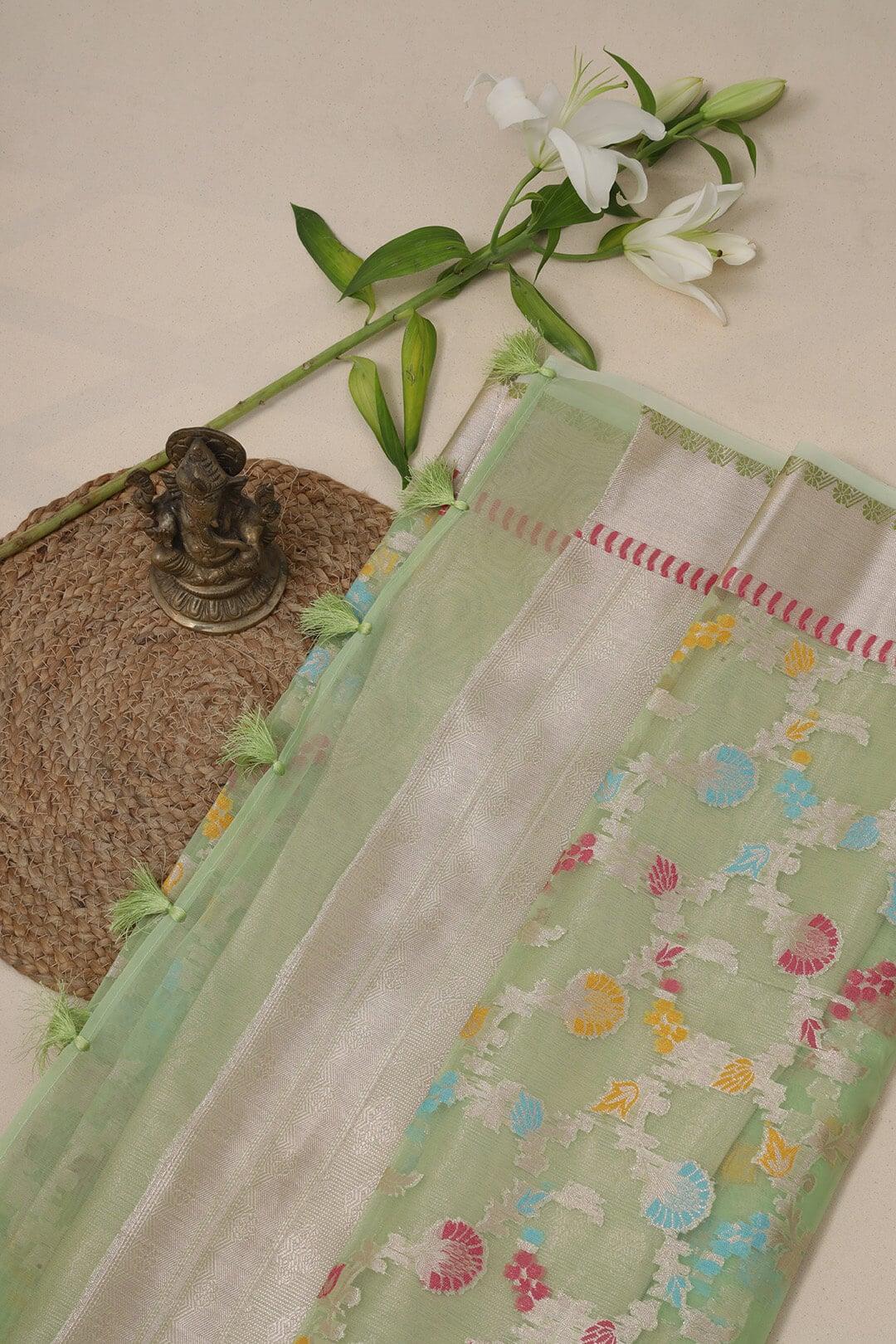 Semi Organza in Sea green view 6 - Sea Green Semi Organza saree