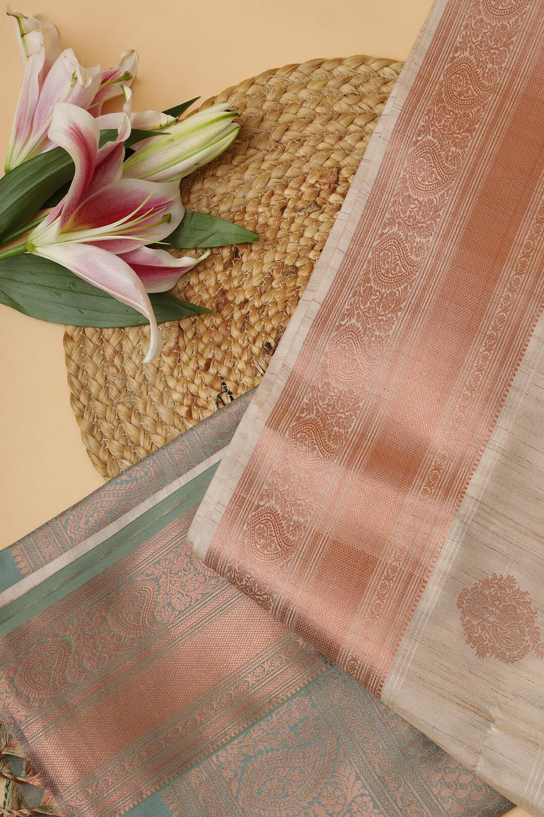 Semi Tussar silk saree in Ivory and bronze pallu 3 - Ivory with Bronze pallu Semi Tussar saree