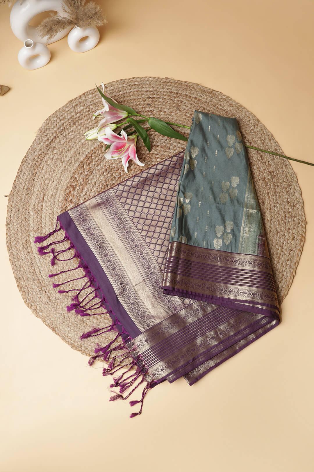 Semi Tussar silk saree in Dark Grey and Purple pallu - handcrafted saree from Semi Tussar Silk Saree collection
