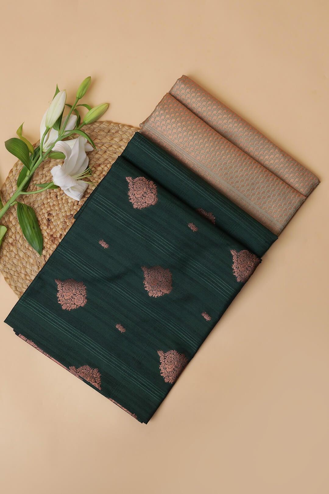 Semi Tussar silk saree in Dark Green and Sea Green bronze zari pallu view 5 - Dark Green with sea green bronze pallu Semi Tussar saree