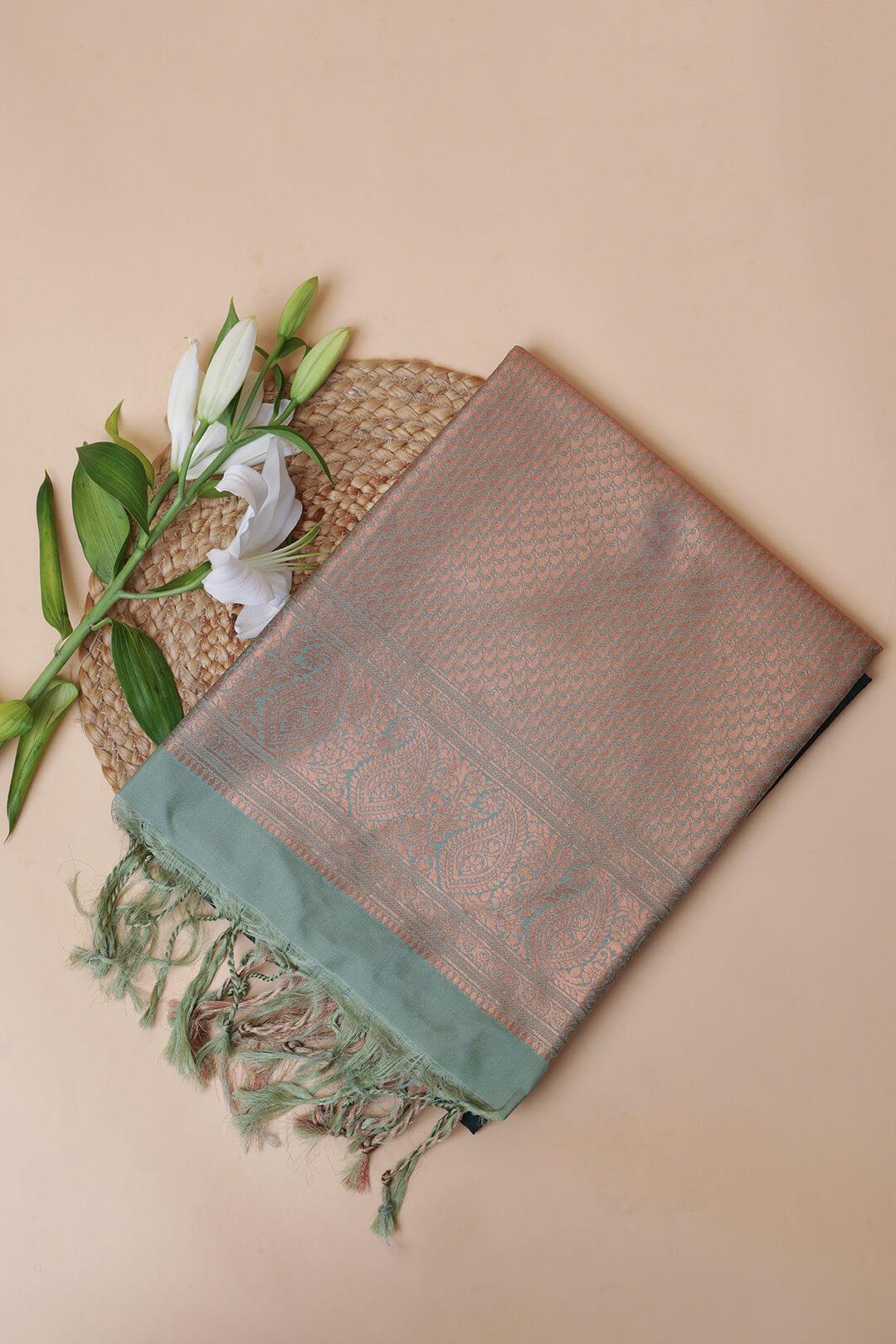 Semi Tussar silk saree in Dark Green and Sea Green bronze zari pallu 3 - Dark Green with sea green bronze pallu Semi Tussar saree