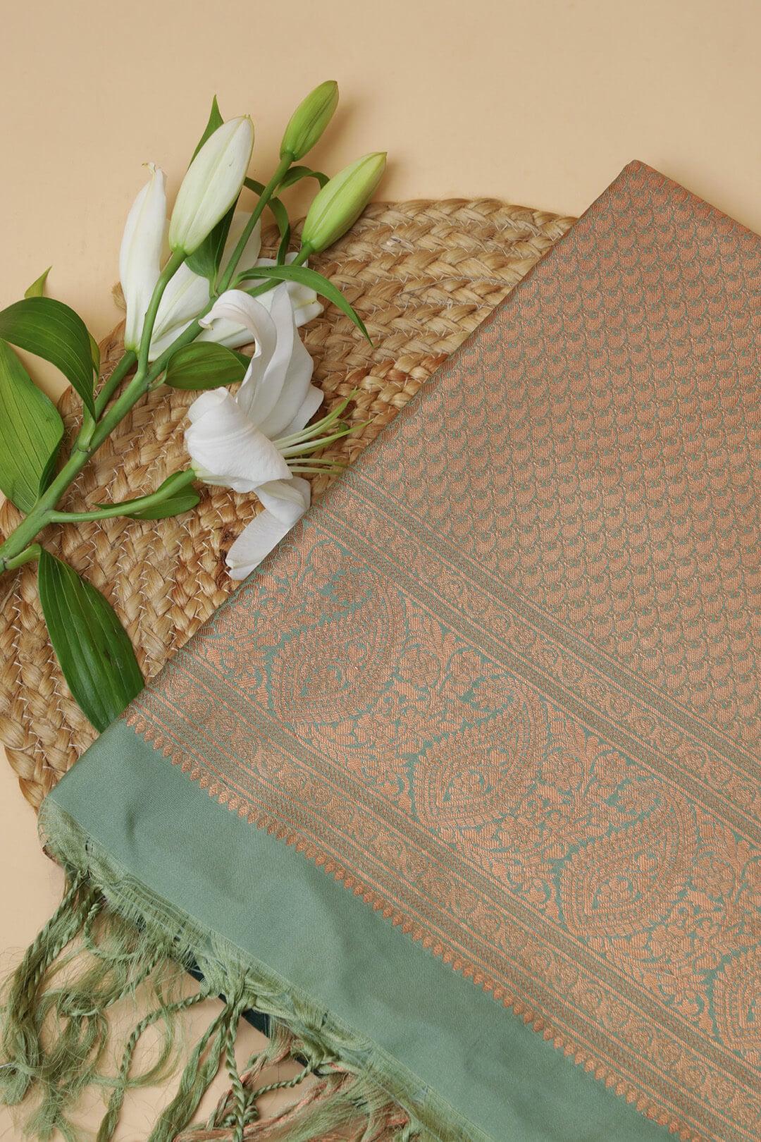 Semi Tussar silk saree in Dark Green and Sea Green bronze zari pallu 2 - Dark Green with sea green bronze pallu Semi Tussar saree