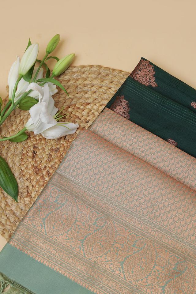 Semi Tussar silk saree in Dark Green and Sea Green bronze zari pallu - Dark Green with sea green bronze pallu handcrafted saree
