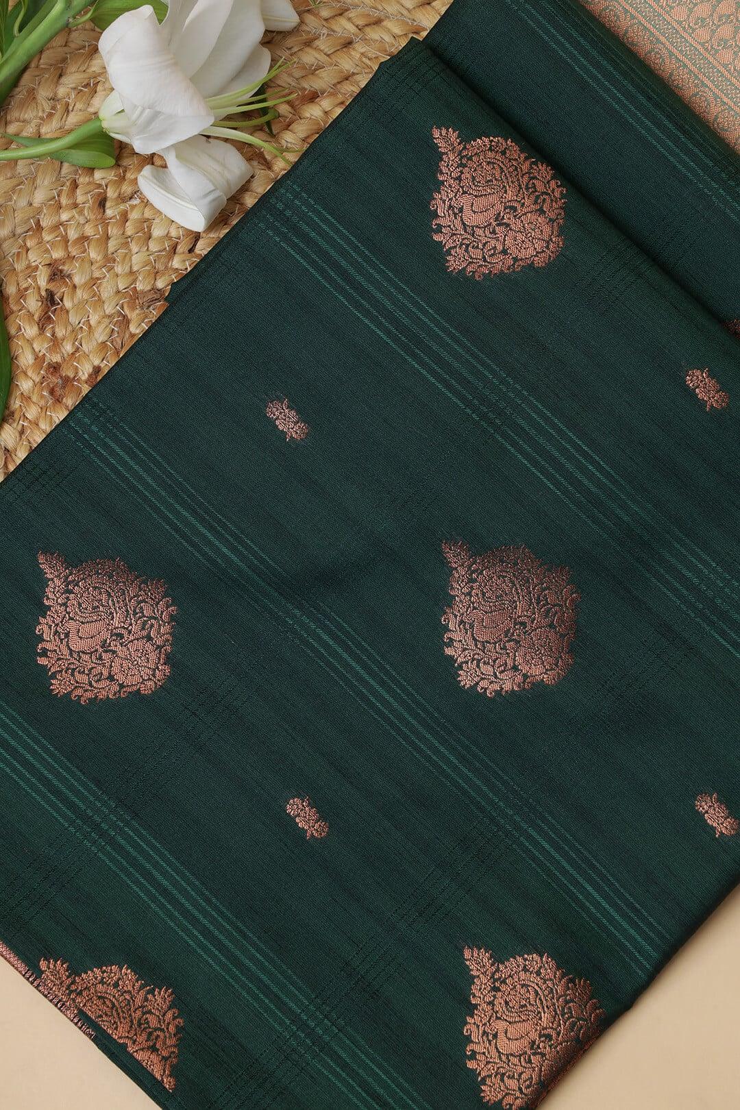 Semi Tussar silk saree in Dark Green and Sea Green bronze zari pallu 4 - Dark Green with sea green bronze pallu Semi Tussar saree