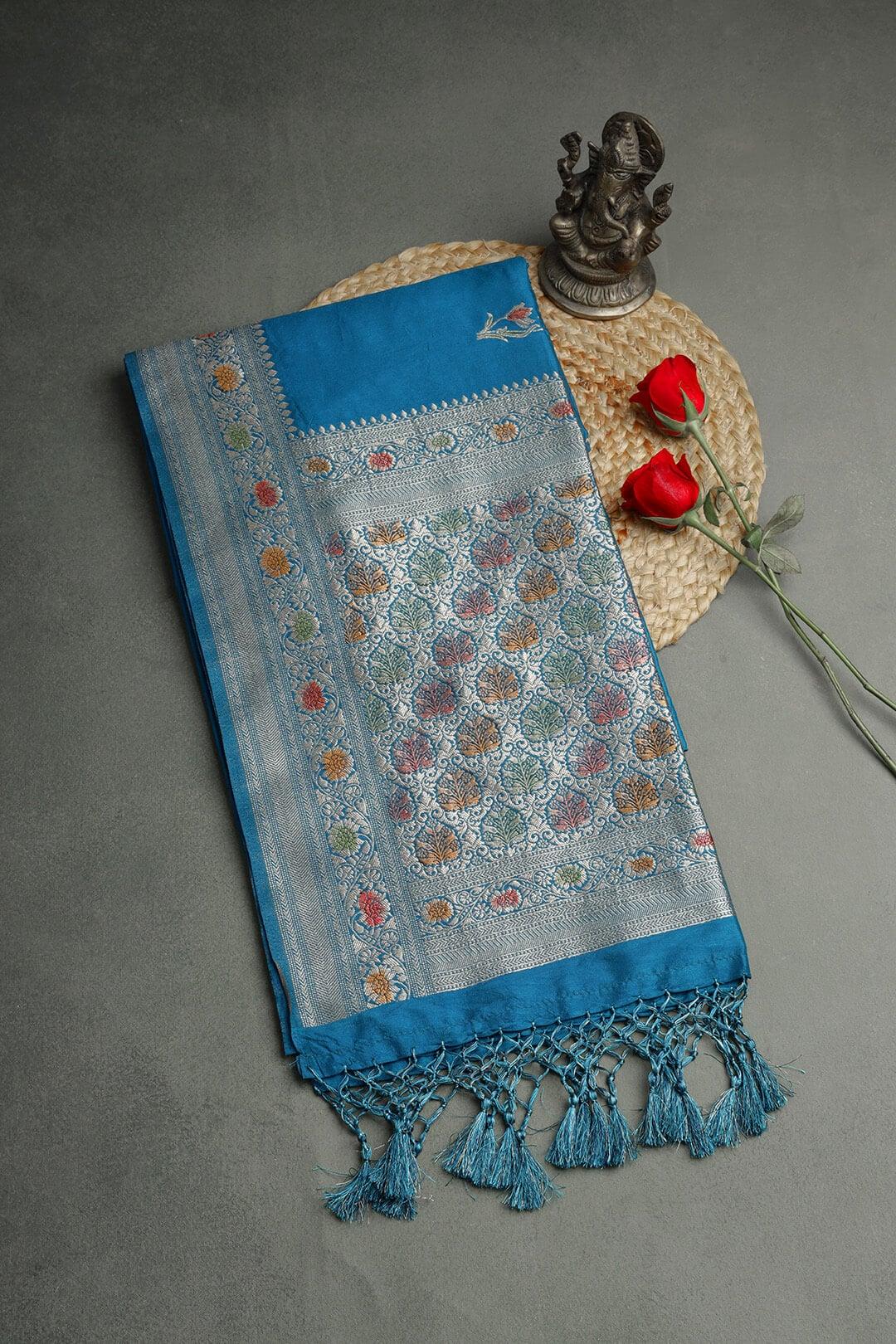 Semi Katan Silk Saree in Blue view 2 - Blue Semi Katan saree
