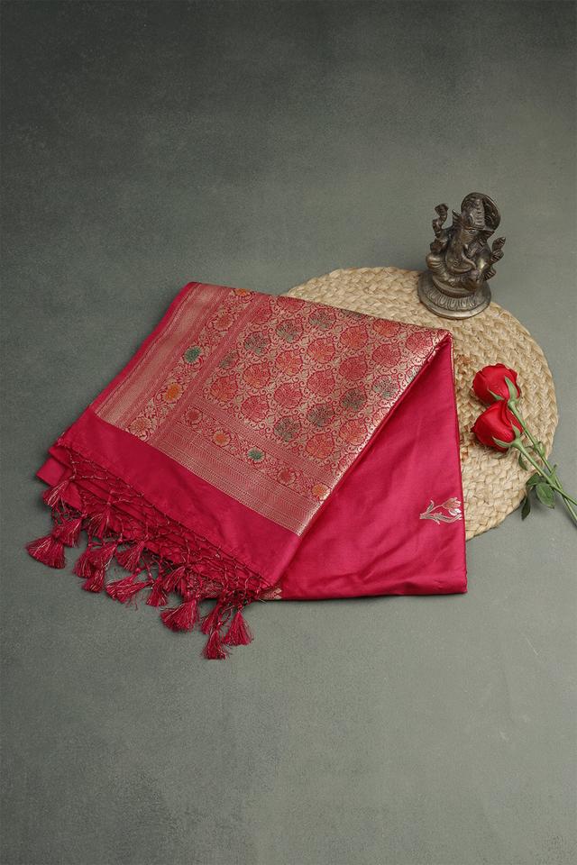 Semi Katan Silk Saree in Red - Red handcrafted saree