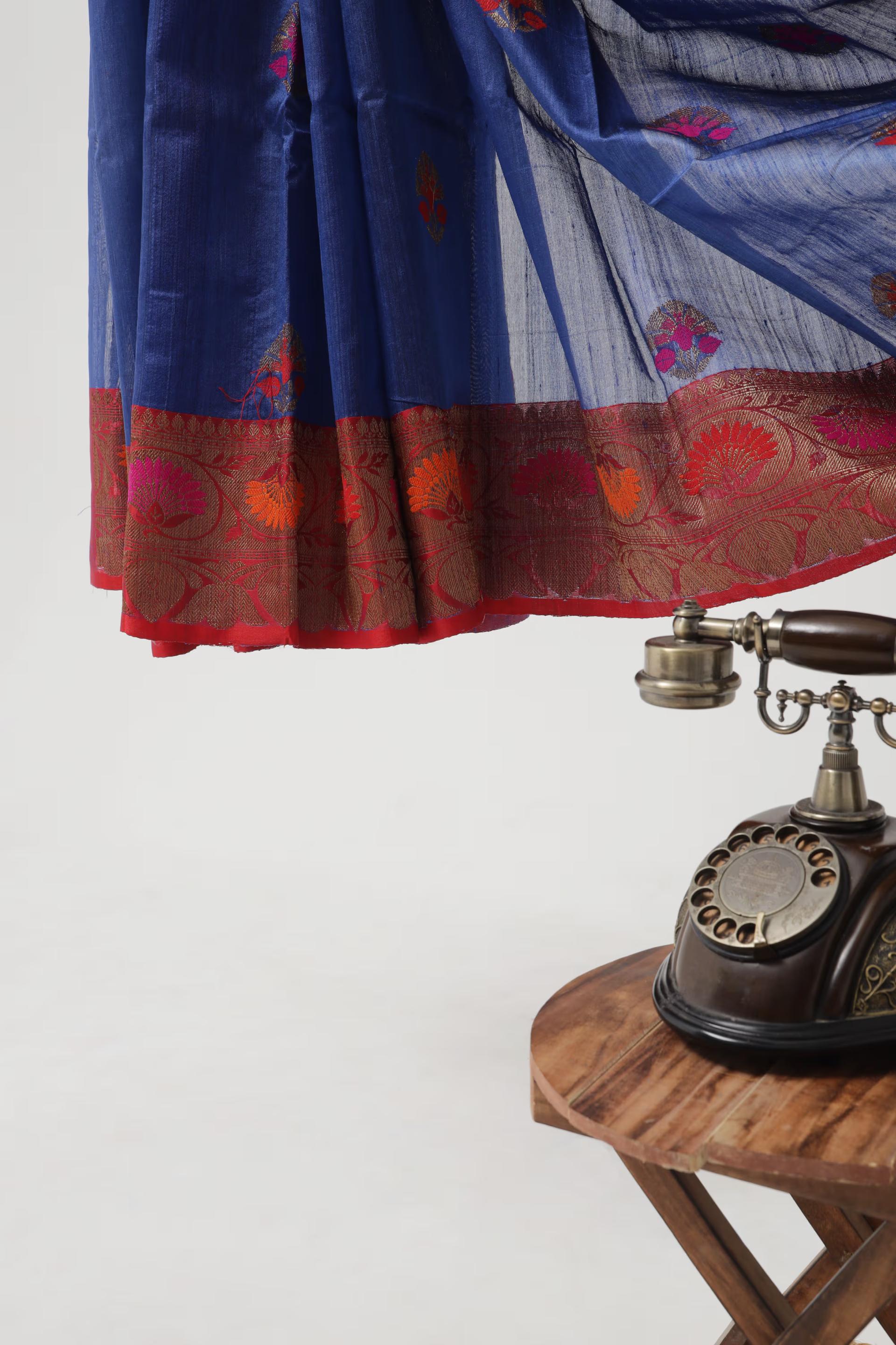 Handloom Tussar Banarasi saree Navy Blue and Red with Meenakari 5 - Royal blue and Red Tussar silk saree