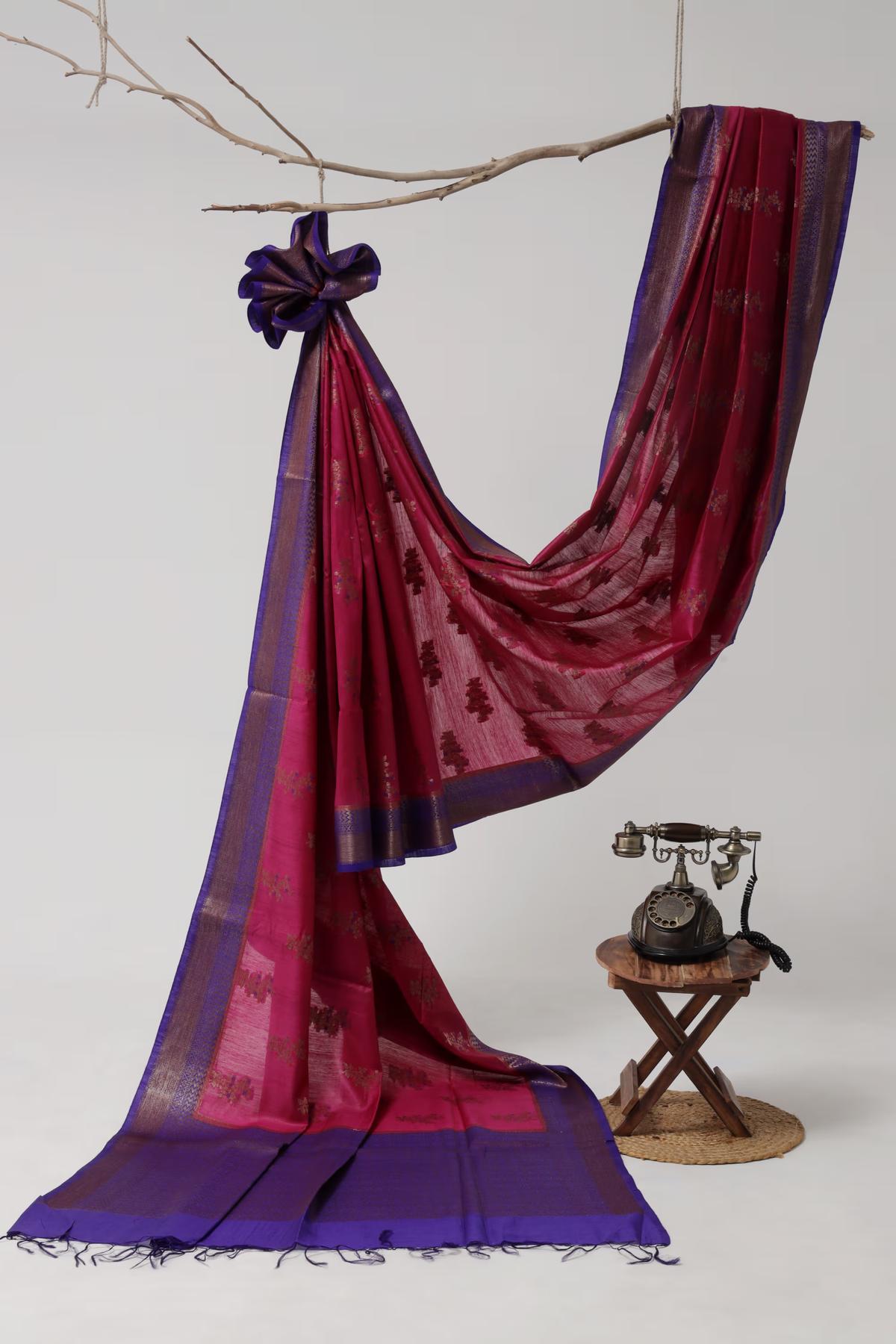 Handloom Tussar Banarasi in Pink and Royal Blue with Meenakari view 2 - Pink and Royal Blue Tussar silk saree