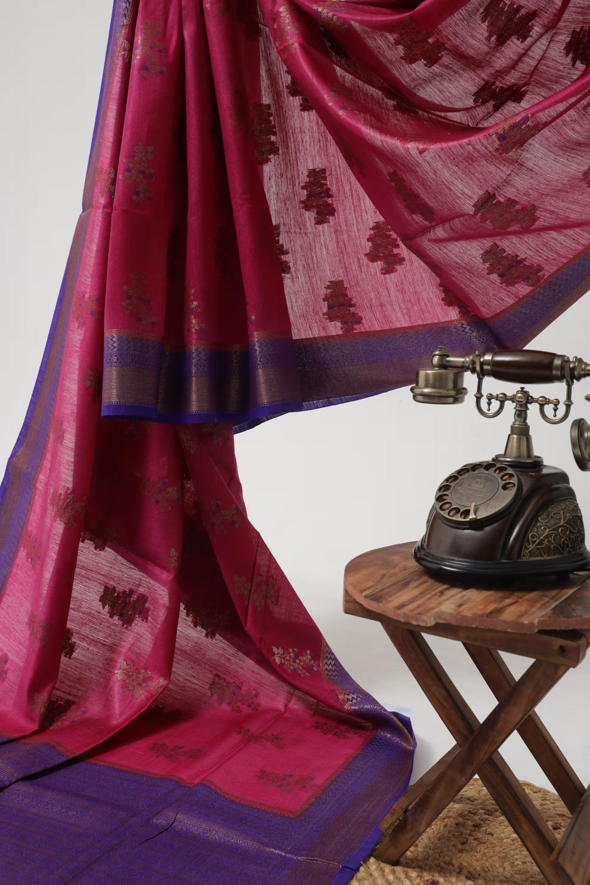 Handloom Tussar Banarasi in Pink and Royal Blue with Meenakari view 6 - Pink and Royal Blue Tussar silk saree