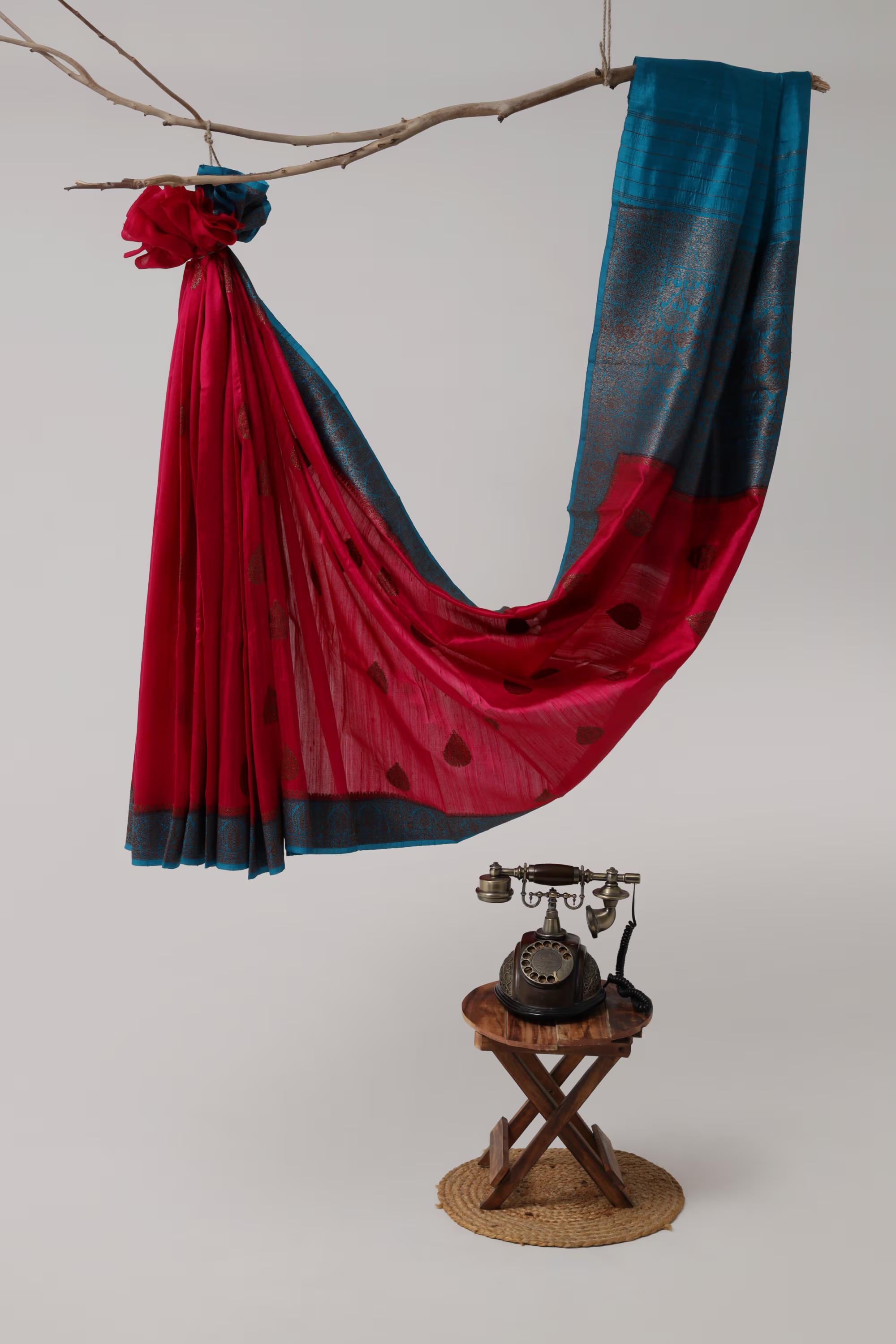 Handloom Tussar Banarasi in Pink and Blue Gold Antique work - handcrafted saree from Handloom Tussar Banarasi Saree collection