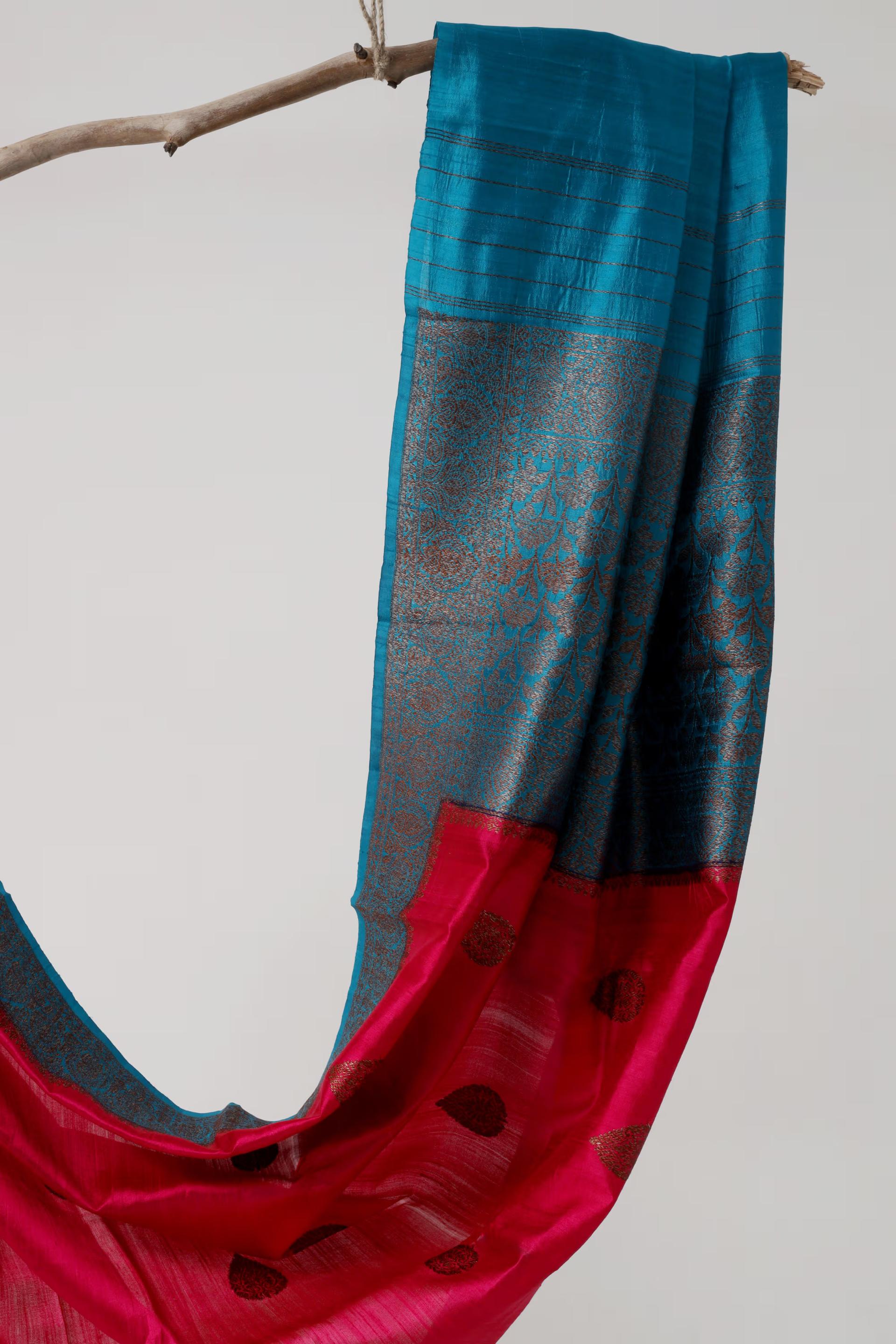 Handloom Tussar Banarasi in Pink and Blue Gold Antique work 2 - Pink and Blue Tussar silk saree