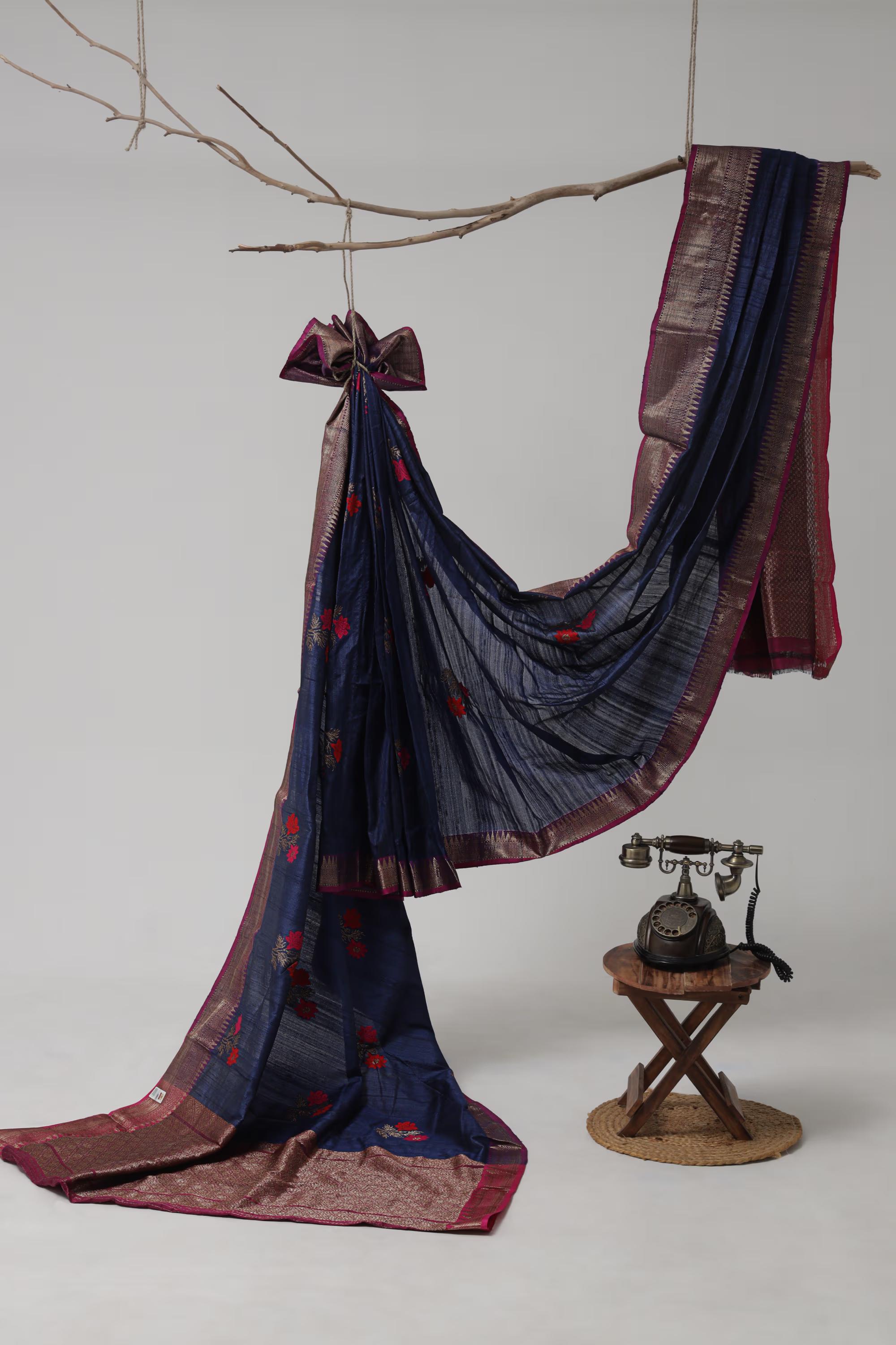 Handloom Tussar Banarasi in Indigo Blue and Pink with Meenakari - handcrafted saree from Handloom Tussar Banarasi Saree collection