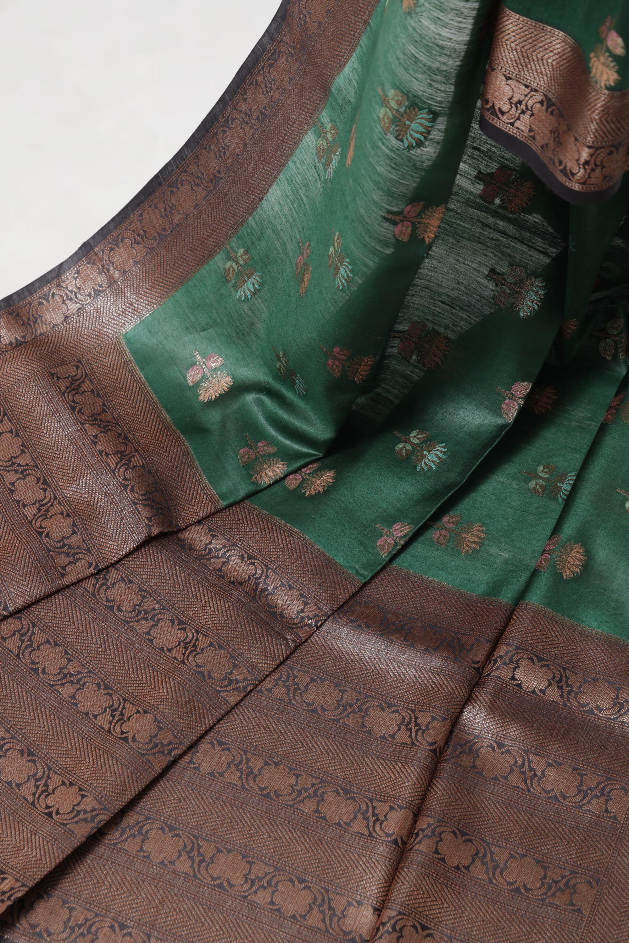 Handloom Tussar Banarasi in Emerald green & Black with Meenakari - handcrafted saree from Handloom Tussar Banarasi Saree collection