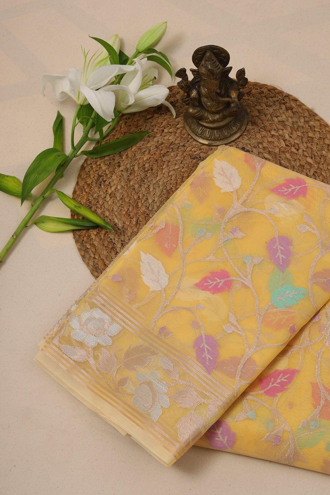 Semi Organza in Yellow view 3 - Yellow Semi Organza saree