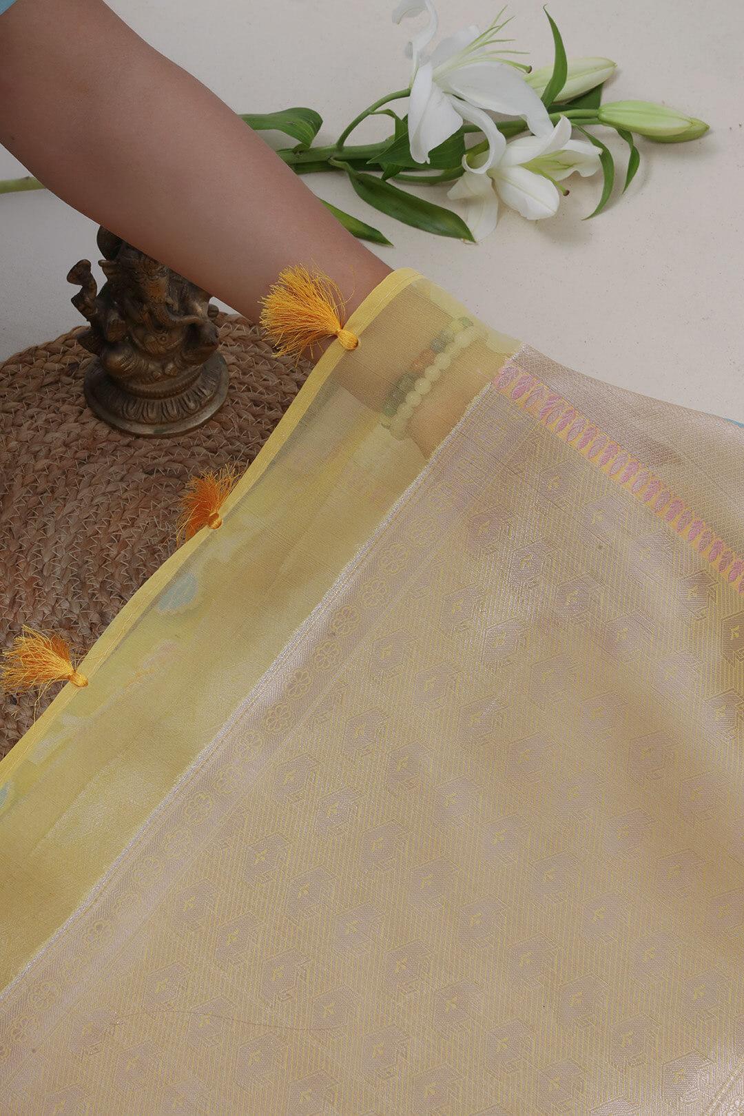 Semi Organza in Yellow with brocade border 6 - Yellow  Semi Organza saree