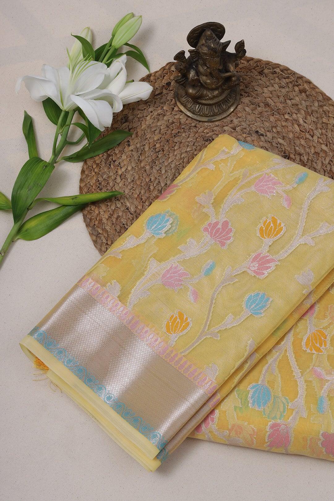 Semi Organza in Yellow with brocade border 1 - Yellow  Semi Organza saree