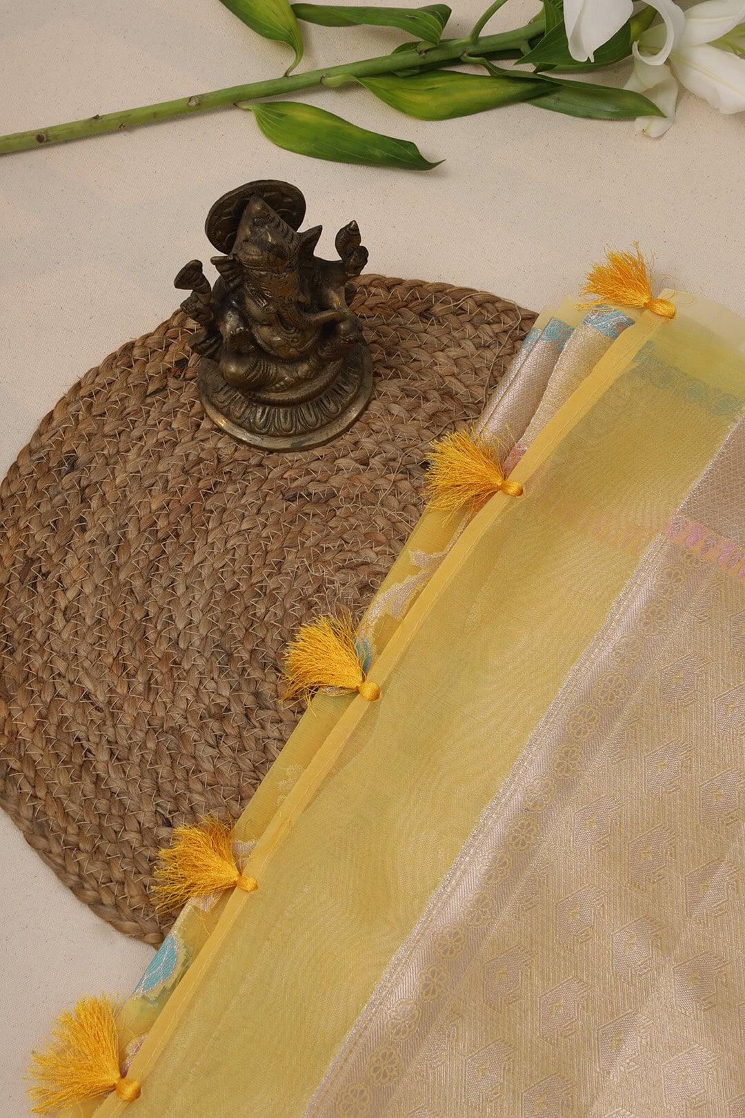 Semi Organza in Yellow with brocade border view 4 - Yellow  Semi Organza saree