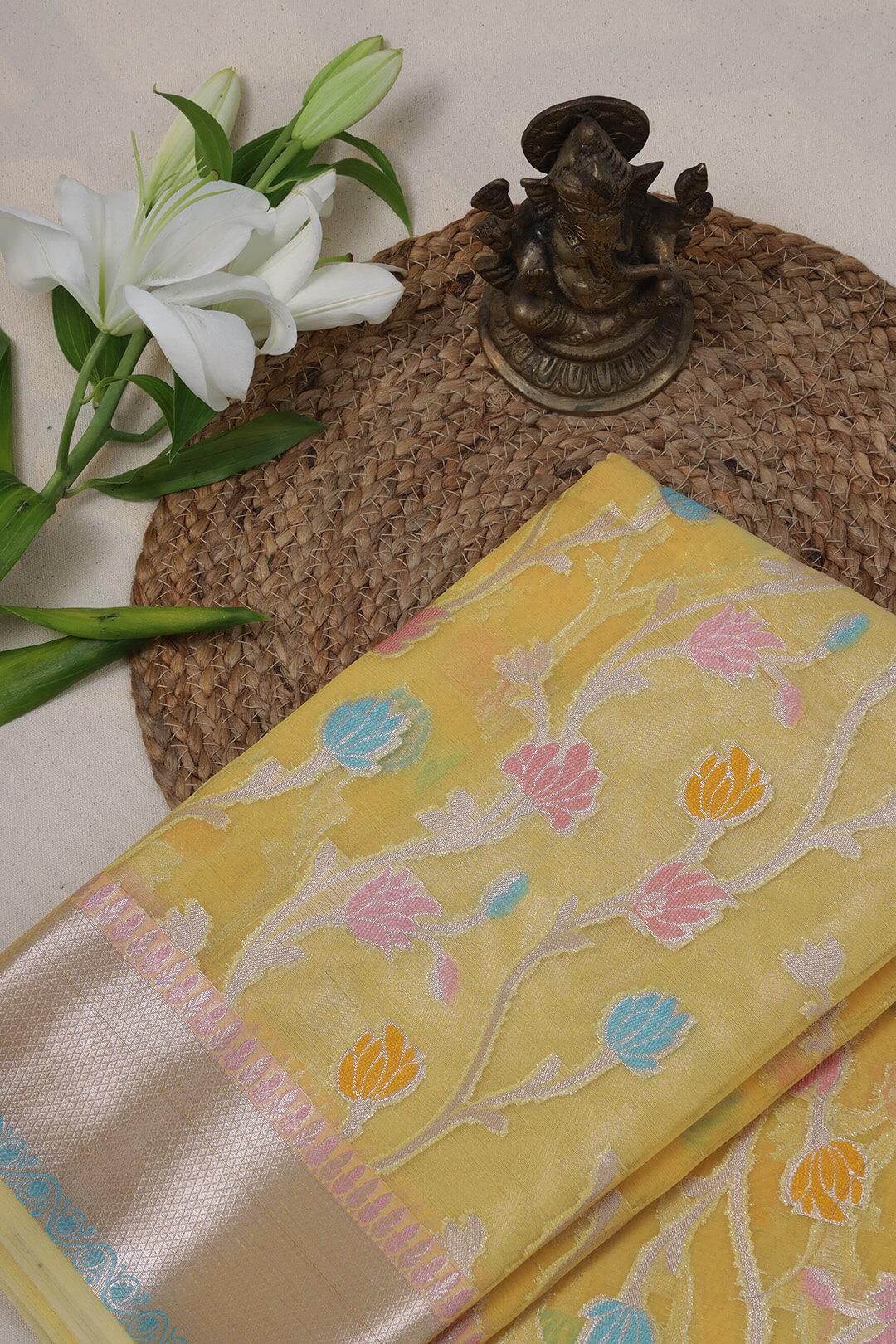 Semi Organza in Yellow with brocade border 3 - Yellow  Semi Organza saree