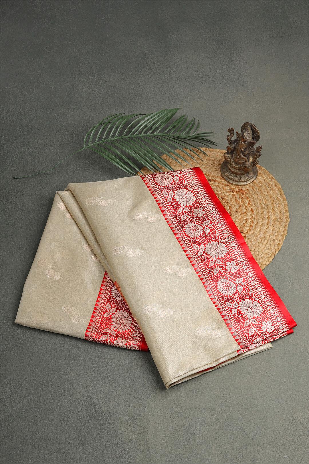 Semi Kora tissue Saree in Ivory and red pallu view 3 - Ivory with red pallu Semi Kora Tissue saree saree