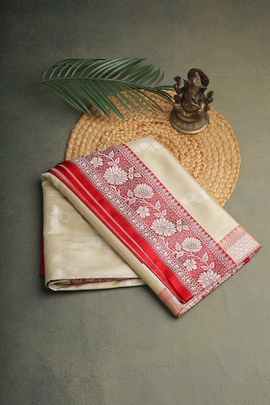 Semi Kora tissue Saree in Ivory and red pallu 2 - Ivory with red pallu Semi Kora Tissue saree saree