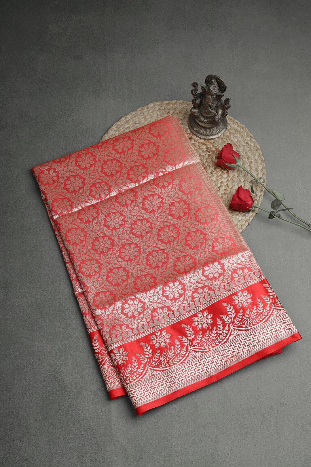 Semi Kora tissue Saree in off white and red pallu view 3 - Off white with Red Pallu Semi Kora Tissue  saree