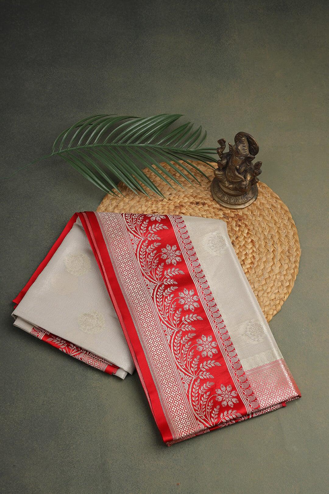 Semi Kora tissue Saree in off white and red pallu view 2 - Off white with Red Pallu Semi Kora Tissue  saree